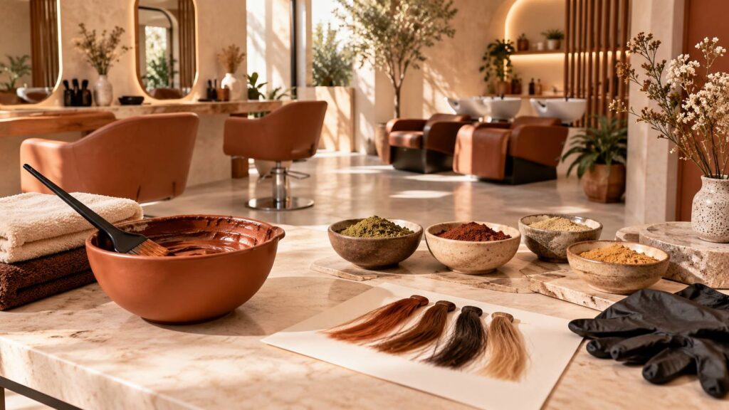 Bol de coloration et pinceau avec coupelles de poudres végétales dans un salon