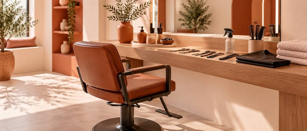 Poste de coiffure avec ciseaux, ciseaux sculpteurs et cape dans un salon lumineux
