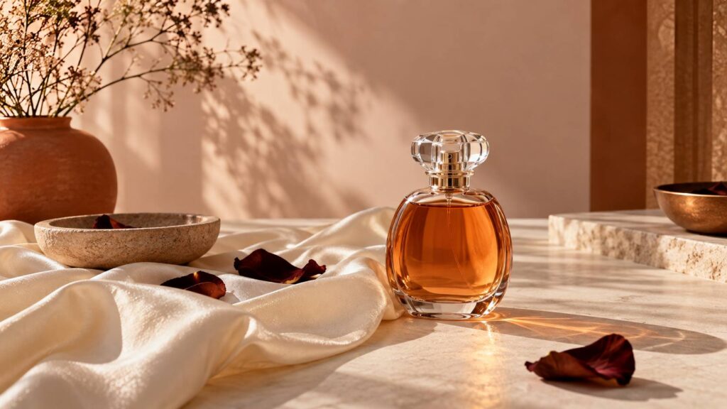 Flacon de parfum ambré au bouchon de verre sur un tissu soyeux