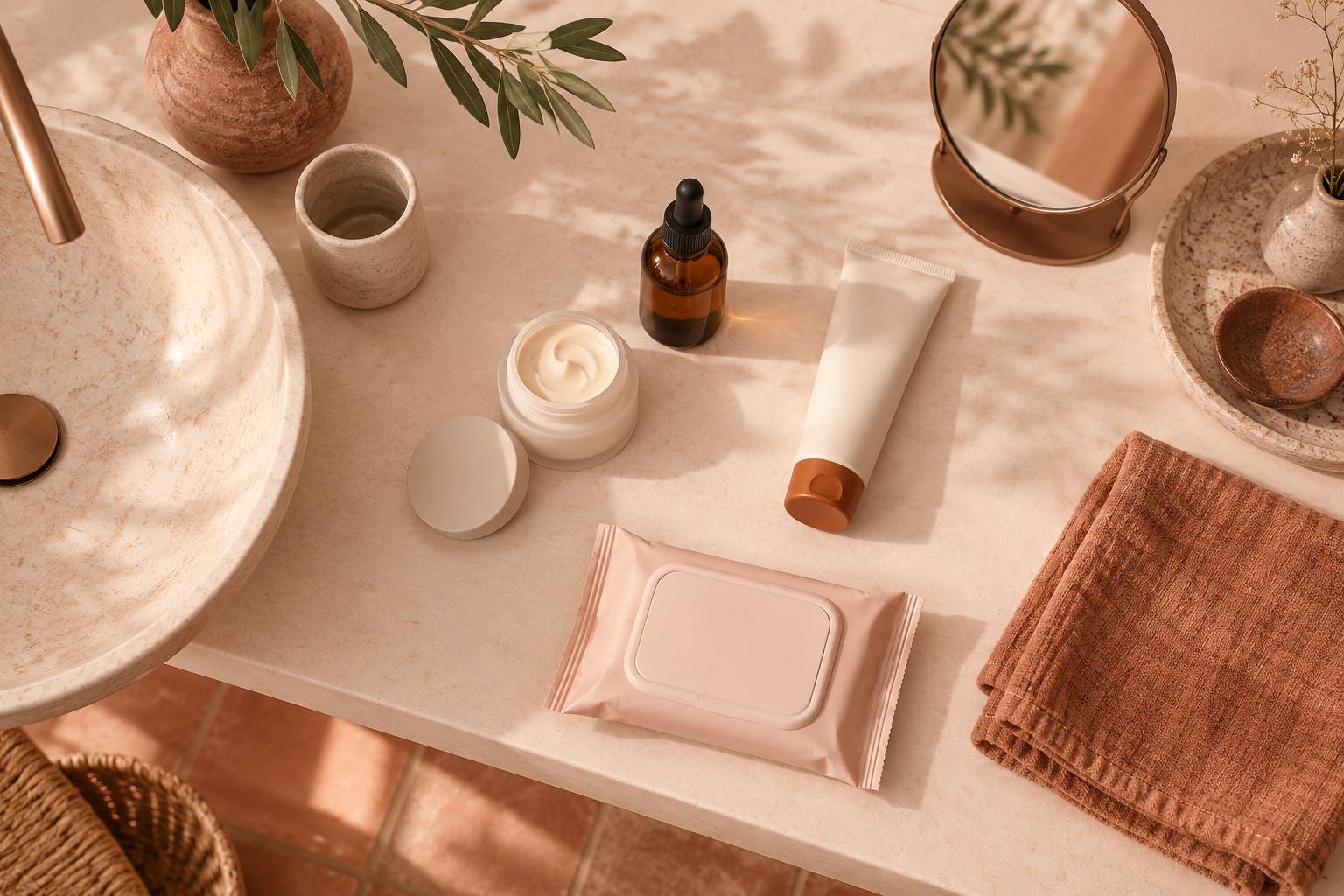Produits de soin sans etiquette alignes sur un plan de toilette clair