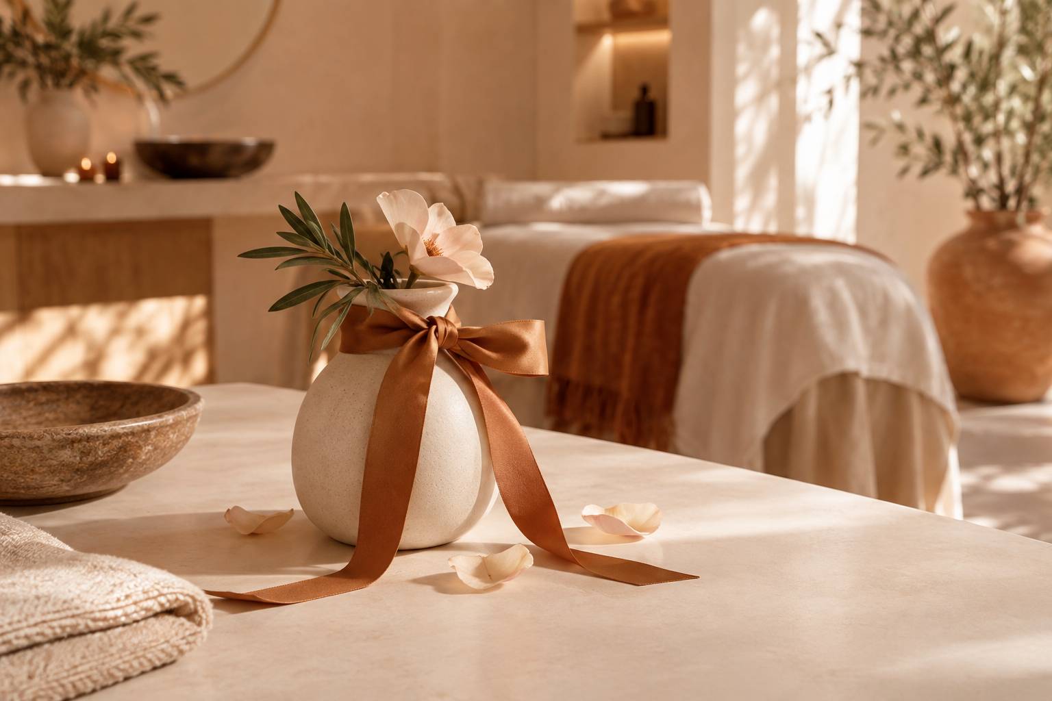 Vase en porcelaine delicate avec ruban de satin sur une table claire