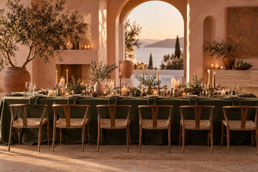 Table de fete elegante aux tons verts avec vaisselle, bougies et decoration