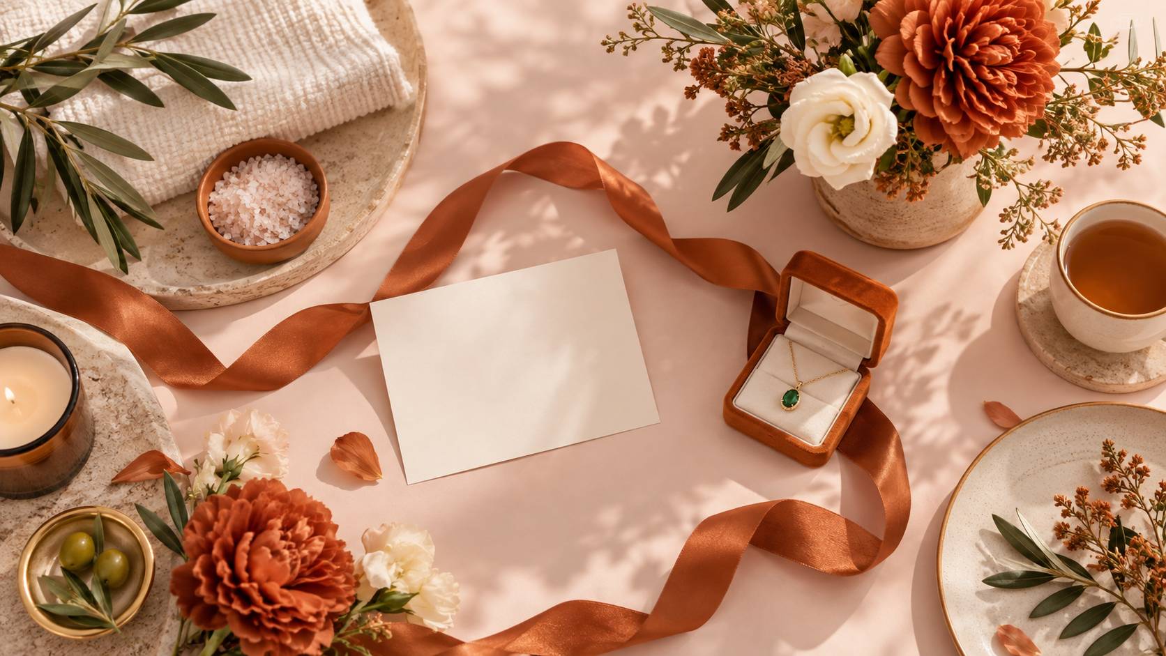 Composition de celebration avec bijou a pierre verte, ruban et fleurs