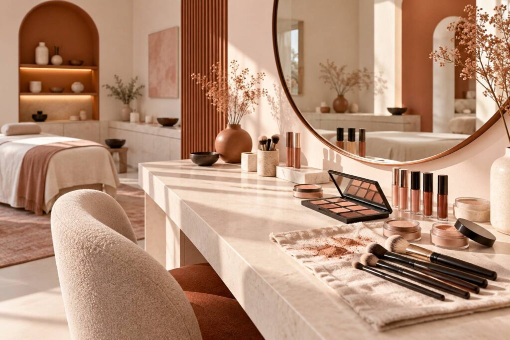 Palette de fards nude et tubes de gloss sans étiquette avec pinceaux alignés devant un miroir rond