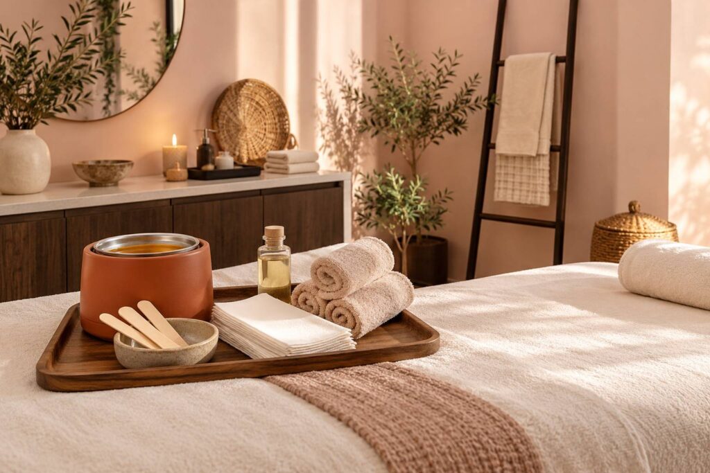 Pot de cire chauffe et spatules en bois dans un coin epilation d'institut
