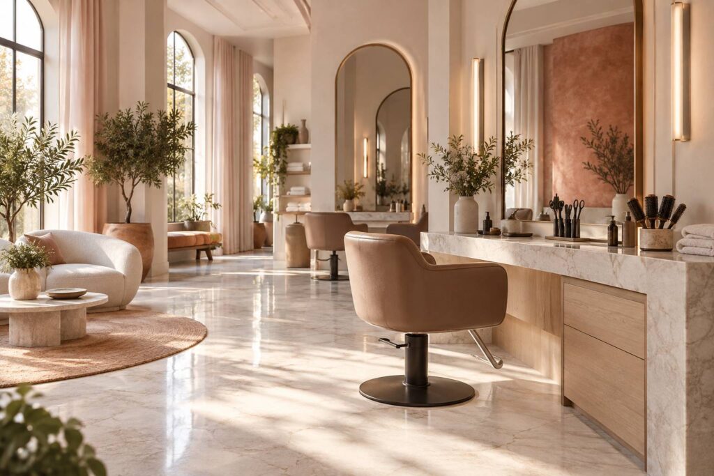 Salon de coiffure elegant avec fauteuil, miroir et brosses rondes