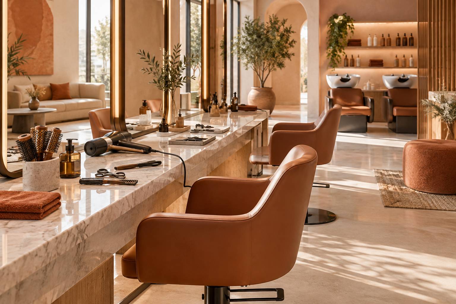 Outils de coiffure poses sur un comptoir clair de salon
